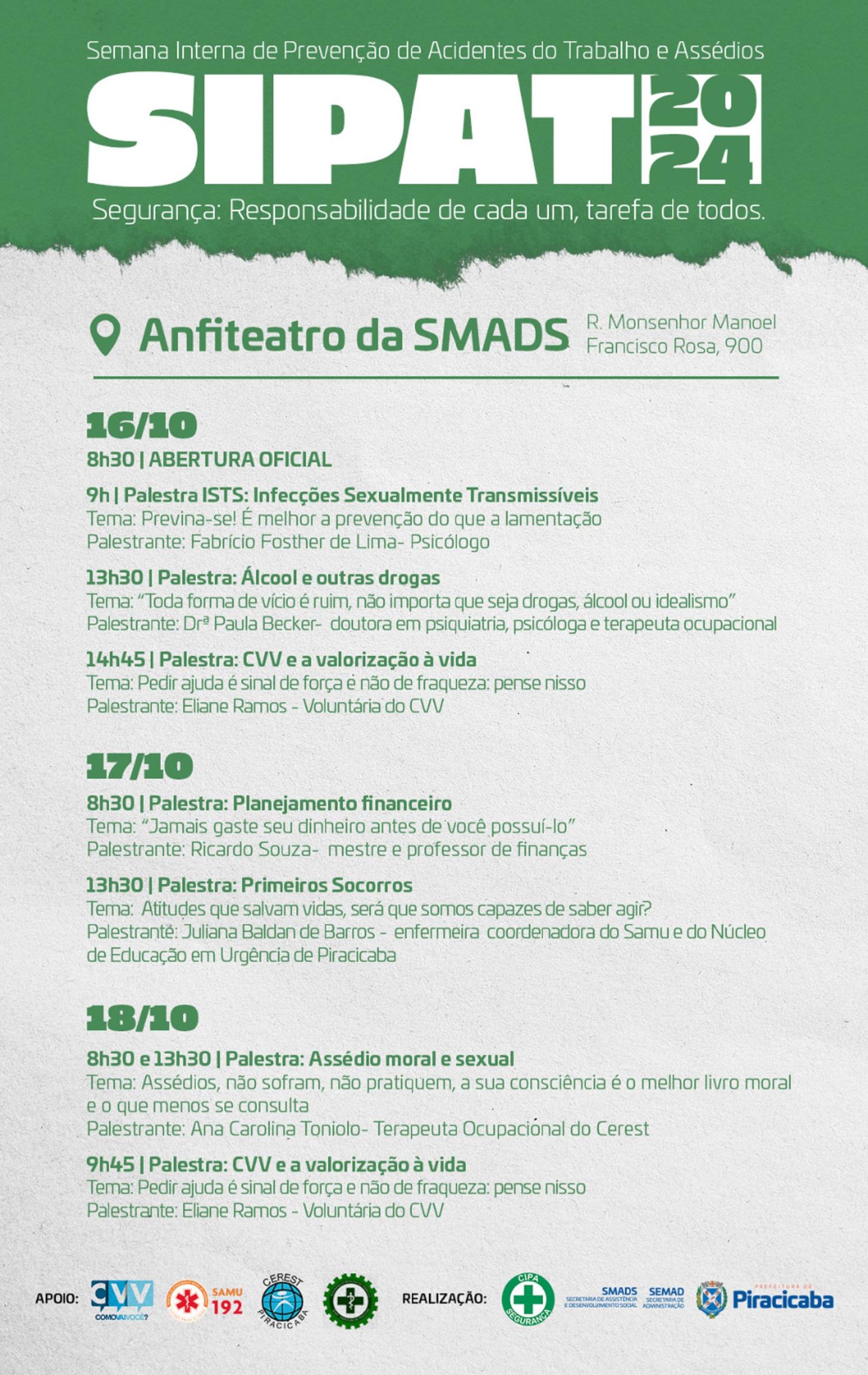 Prefeitura realizará a Sipat de 16 a 18/10, no anfiteatro da Smads
